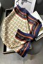 Women's Navy Blue Tan Chain Belt Patterned Rayon Scarf 50X50 cm Silky Soft Hair Bag Accessory - 2