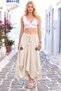Women's Beige Elastic Waist Embroidered Linen Skirt