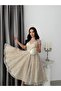 Beige Tulle Cape Sequin Embroidered Mini Strapless Evening Dress - 4