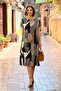 Khaki Color Geometric Patterned Round Neck Dress - 2