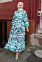 Green Half Buttoned Sleeves Elasticized Batik Patterned Viscose Dress - 2