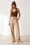 Women's Beige Elastic Waist Pocketed Royal Linen Flowy Trousers Pnt-19000412 - 3