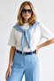 Women's White Blue Scarf Detailed Modal Buttoned T-Shirt Tsh-19001002 - 3