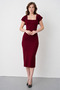 Burgundy Crepe Fabric Square Collar Slit Design Midi Pencil Dress 99157