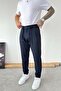 Navy Blue Regular Fit Fabric Trousers with Waist Rope Detail