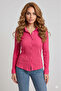 Women's Fuchsia Pink Long Sleeve, Fitted, Textured Thin Maya Crepe Fabric Basic Shirt 3552253