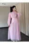 Pink Elastic Waist Modest Belted Dress - 7051 - 3