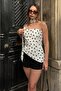White Polka Dot Strapless Women's Blouse with Scarf, Asymmetrical Cut and Back Tie Detail