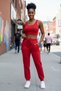 Women's Red Premium Look Camisole Pocket Jogger Sweatpants and Crop Top Blouse Set Mariposa