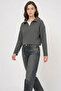 Women's Collared Zippered Cotton Anthracite Sweatshirt - 3