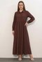 Women's Shirt Collar, Gathered Waist, Balloon Sleeves, Buttoned, Brown, Hijab Dress - 4