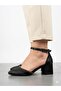 Women's Black Satin Thick Heeled Single Strap Stone Detailed Heeled Shoes - 2