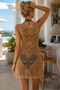 Women's V-Neck Strap Woven Detailed Transparent Crochet Swimsuit Top Camel Mini Beach Dress Tunic - 3