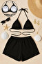 Black Shorts Tie-Up Bikini Set Triangle Cut Adjustable Stretch Fabric Women's Swimwear Set - 4