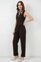 Women's Vest Collar High Waist Belted Cotton Brown Double Suit - 3
