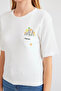 Women's Basic Floral Patterned White T-Shirt with Pocket Detail - 3