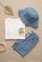 Boy's White Diplodocus Printed T-Shirt, Blue Linen Look Shorts and Bucket Hat 3-Piece Summer Set - 4