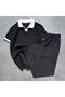 Men's Polo Collar Honeycomb Patterned T-Shirt and Comfortable Fit Lace-Up Trousers Set Black-Black