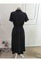 Women's short sleeve collared zippered ornament pocket detailed long viscose two thread dress - 6