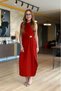 Women's Zero Sleeve Crew Neck Waist Gathered Slit Detailed Janjan Crepe Dress - 2