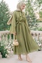 Wide Sleeve Khaki Dress with Scarf - 3