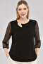 Plus Size Asymmetrical Metal Collar Detailed Lace Sleeve Oval Slit Blouse