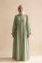 Olive Green Women's 100% Cotton Muslin Fabric Waist-Tied Drawstring Buttoned High Collar Long Hijab Dress Anti-Sweat Summer Dress