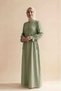 Olive Green Women's 100% Cotton Muslin Fabric Waist-Tied Drawstring Buttoned High Collar Long Hijab Dress Anti-Sweat Summer Dress - 3