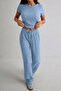 Women's Bubble Fabric Casual Stylish Blouse Wide Leg Pants Two-Piece Set - 2