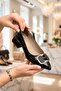 Bella Women's Black H-Buckle Accessory Pointed Toe Shiny Patent Leather Geometric Thick Square Heel Comfortable Office Stiletto