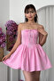 Women's Poplin Fabric Strapless Corset Detailed Ruched Mini Puffy Dress - 2