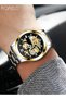 Mens Stainless Steel Mechanical Watch Analog Round Gold Dial Hollow Pattern Waterproof Luminous Wristwatch Gift for Men Black Silver - 2