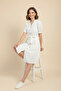 Women's White Linen Look Midi Belted Buttoned Dress with Elastic Sleeves - 3
