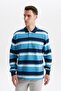 Ar-Ma Men's Polo Collar Sweatshirt, Unprinted, Striped, Buttoned, Without Pockets, Large Size, Ringel Ottoman K30554801