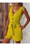 Women's Strappy V-Neck Front Buttoned Waist-Tie Short Aerobin Jumpsuit - 2