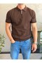 Men's Openwork Detailed Regular Fit Zippered Polo Collar Tshirt Bitter Brown Eca081