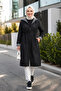 Women's Hooded Zippered Medium Length Bondit Fabric Black Trench
