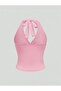 Candy Pink Halter Crop Blouse, Women's Deep V Neck Summer Dusty Pink Blouse - 2