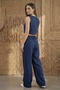 Muslin Fabric 100% Organic Palazzo Wide-Leg Pants with Side Pockets and Elastic Waist Dark Blue - 5