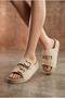 Beige Women's Suede-Look Anatomical Sole Double-Strapped Velcro Buckle Detailed Comfortable Summer Slippers - 2