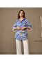 Women's Blue Zebra Patterned Oversized Linen Shirt with Tassel Detail