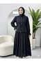 Gathered Sleeves, Belted Waist, Hijab Skirt Set, Black - 2