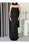 Black Strapless Floral Motif Long Evening Dress with Shawl Detail - 5