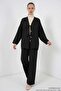 Women's V-Neck Floral Patterned Viscose Black Double Set - 7