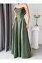 Khaki Stone Embroidered Strapless Satin Evening Dress - 5
