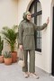 Hooded Collar with Chain and Zipper Pants Strawberry Set -Khaki - 3