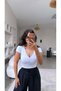 White V-Neck Gathered Crop Cotton Tshirt - 2