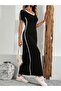 Women's Short Sleeve V-Neck Viscose Long Dress with Side Stripe Detail - 4