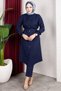 New Season Ribbed Detailed Belted Hijab Suit - Navy Blue - 8
