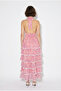 Women's Pink Shawl Patterned Halter Neck Gipeli Backless Layered Maxi Dress 4230 60286392 - 5